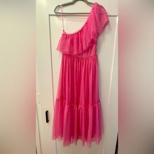 Adore You One Shoulder Tulle Tiered Midi Dress, pink size medium